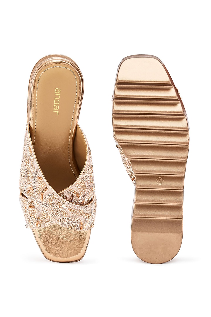 Rose Gold Foiled Milano Satin Salli Hand Embroidered Wedges by Anaar at Pernia's Pop Up Shop