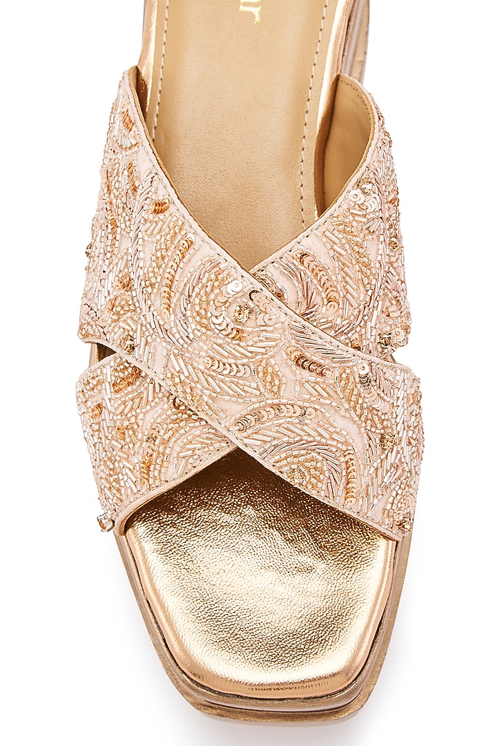 Rose Gold Foiled Milano Satin Salli Hand Embroidered Wedges by Anaar at Pernia's Pop Up Shop