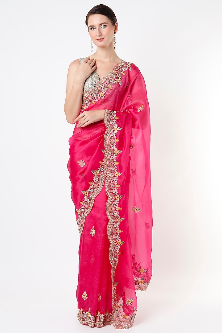 Hot Pink Embroidered Saree by Anira