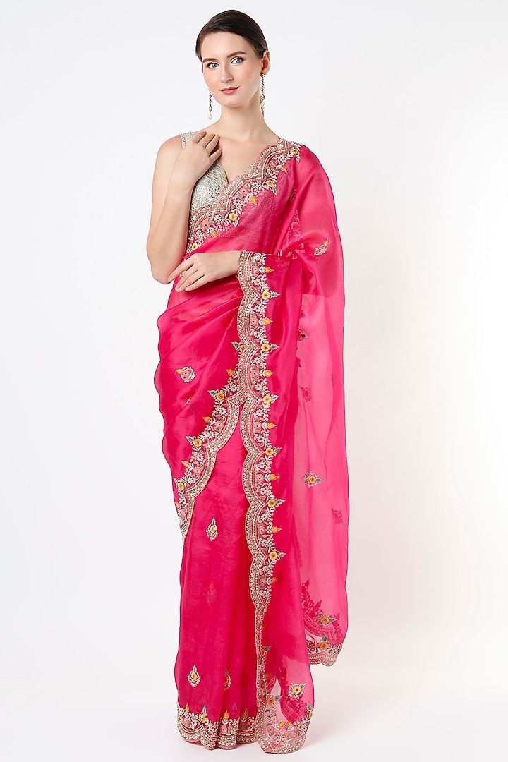 Hot Pink Embroidered Saree by Anira at Pernia's Pop Up Shop