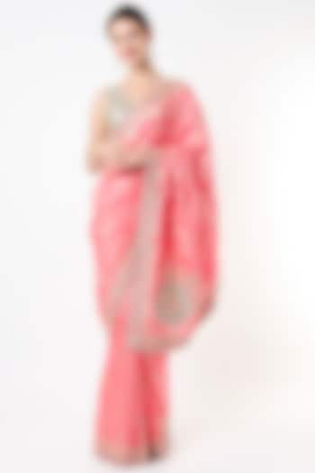 Coral Pink Embroidered Reception Saree by Anira at Pernia's Pop Up Shop