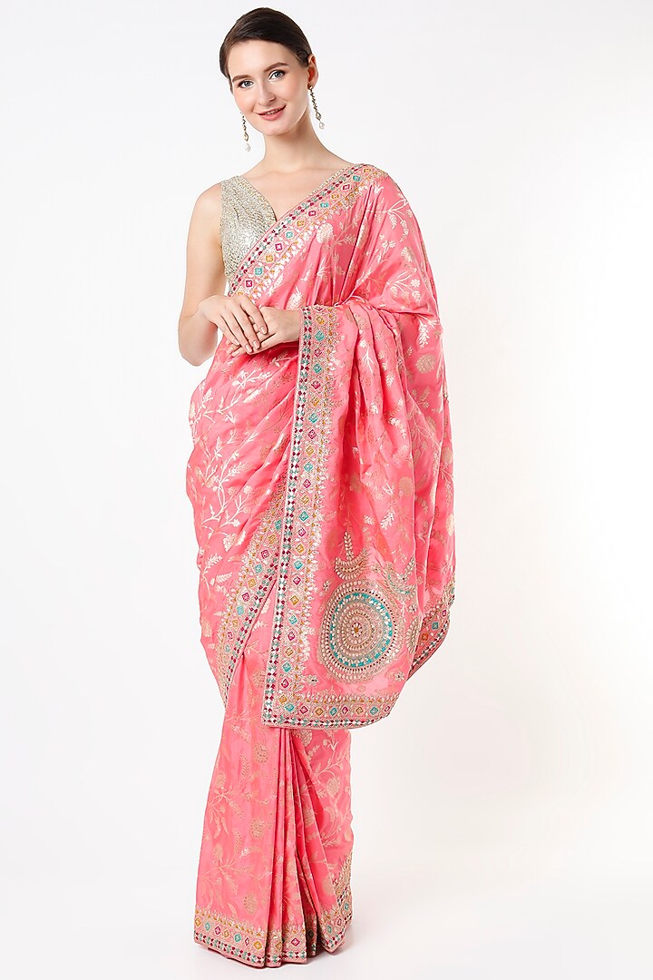 Coral Pink Embroidered Reception Saree by Anira at Pernia's Pop Up Shop