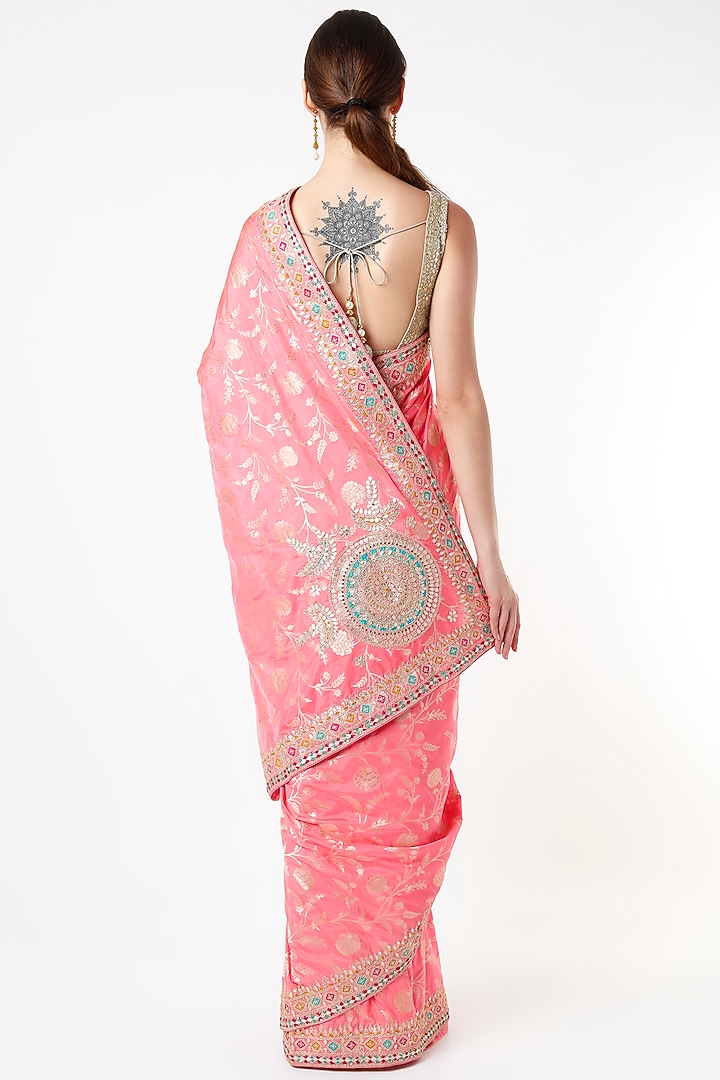 Coral Pink Embroidered Reception Saree by Anira at Pernia's Pop Up Shop