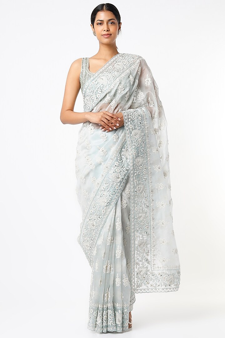 Sky Blue Embroidered Saree by Anira at Pernia's Pop Up Shop