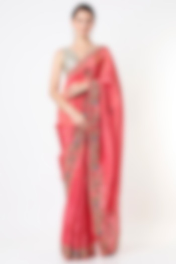 Coral Red Hand Embroidered Saree by Anira