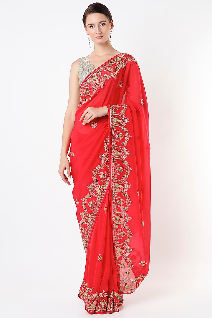 Carrot Red Hand Embroidered Saree by Anira