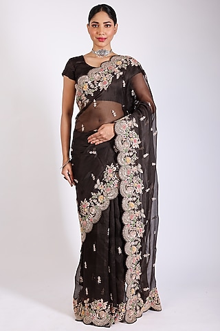 Brick Brown Embroidered Saree Set by Anira