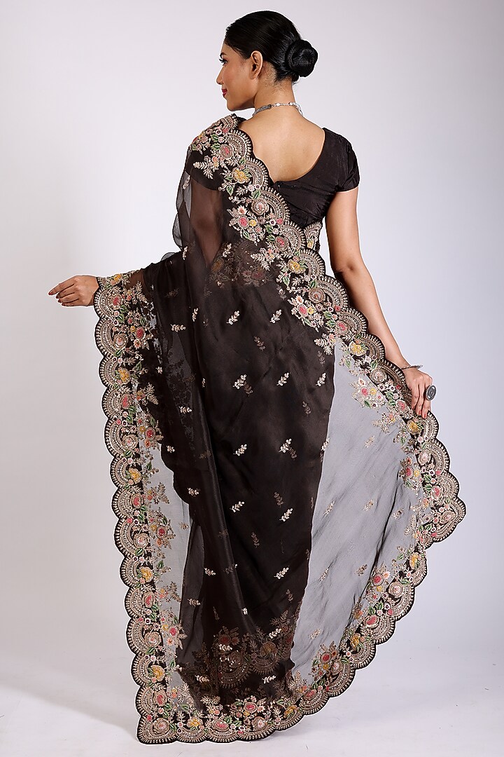 Brick Brown Embroidered Reception Saree Set by Anira at Pernia's Pop Up Shop