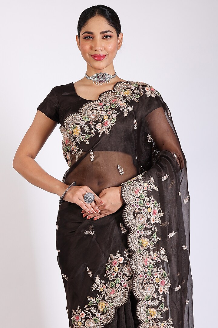 Brick Brown Embroidered Reception Saree Set by Anira at Pernia's Pop Up Shop