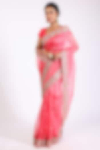 Coral Organza Embroidered Saree Set by Anira at Pernia's Pop Up Shop