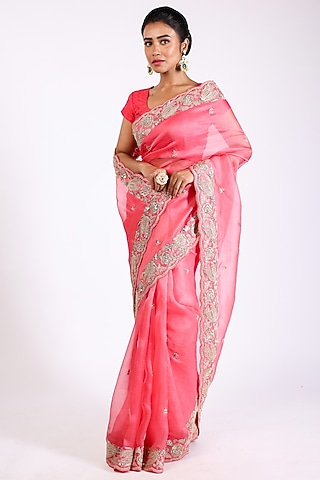 Coral Organza Embroidered Saree Set by Anira