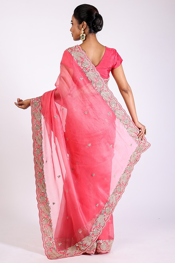 Coral Organza Embroidered Wedding Saree Set by Anira at Pernia's Pop Up Shop