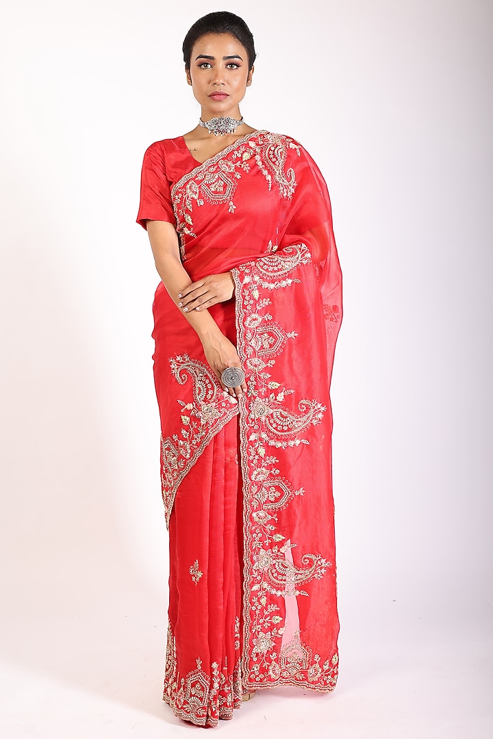 Apple Red Embroidered Saree Set by Anira