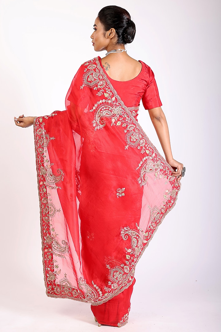 Apple Red Embroidered Wedding Saree Set by Anira at Pernia's Pop Up Shop