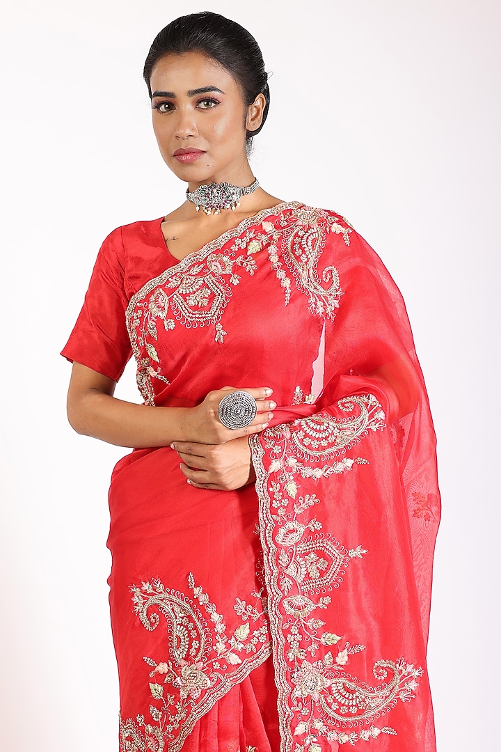 Apple Red Embroidered Wedding Saree Set by Anira at Pernia's Pop Up Shop