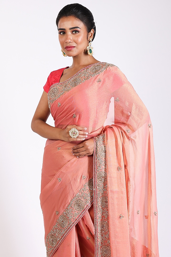 Peach Embroidered Reception Saree Set by Anira at Pernia's Pop Up Shop