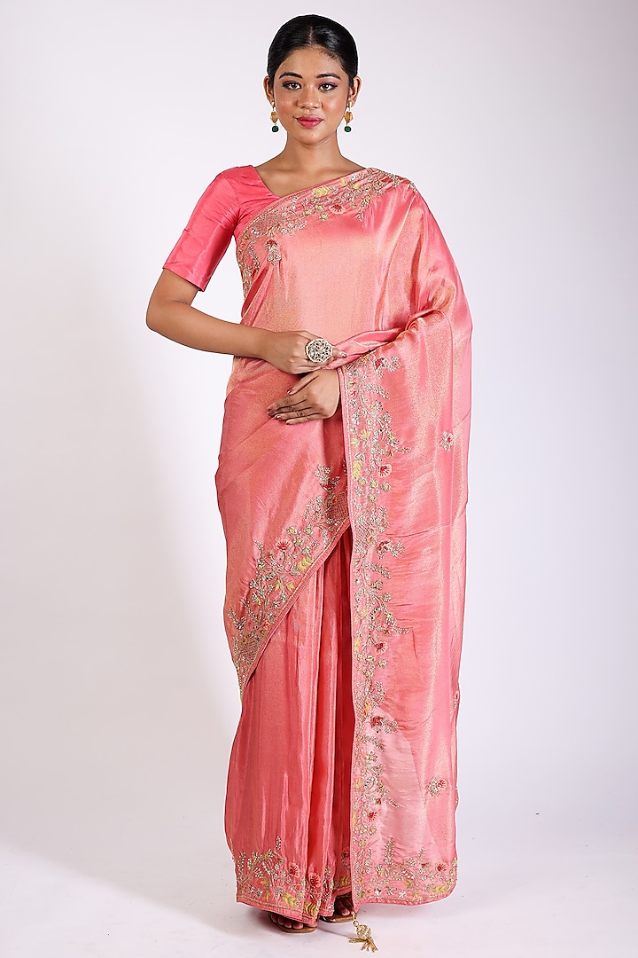 Coral Tissue Embroidered Saree Set by Anira
