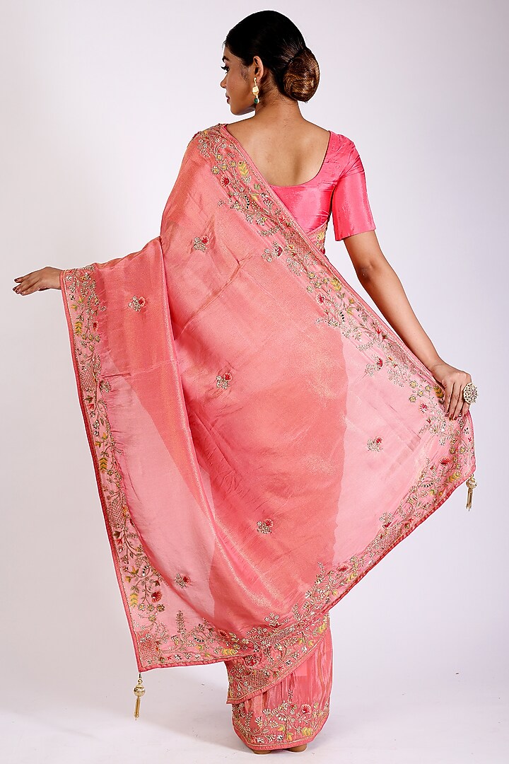 Coral Tissue Embroidered Wedding Saree Set by Anira at Pernia's Pop Up Shop