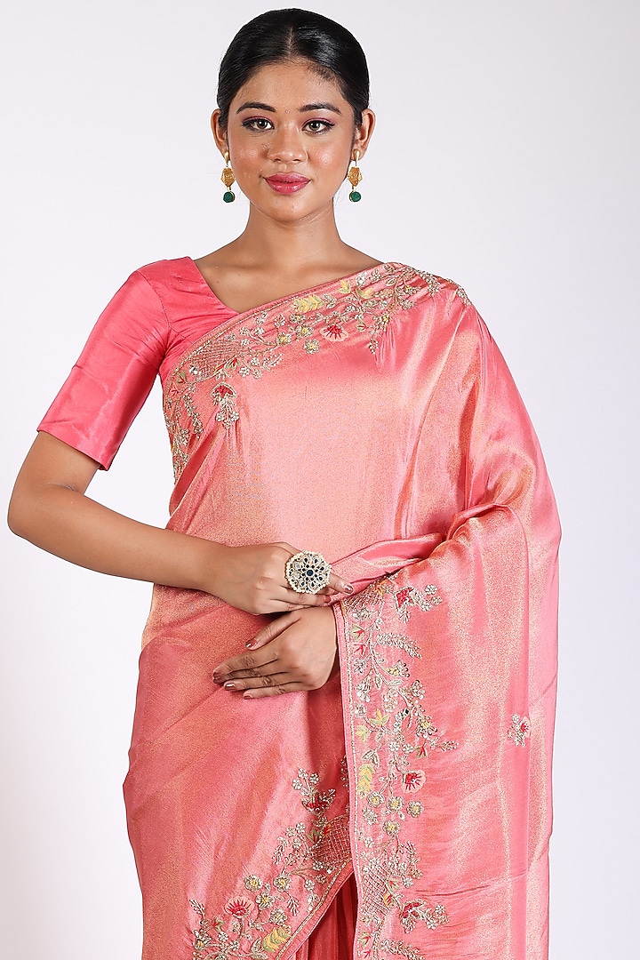 Coral Tissue Embroidered Wedding Saree Set by Anira at Pernia's Pop Up Shop