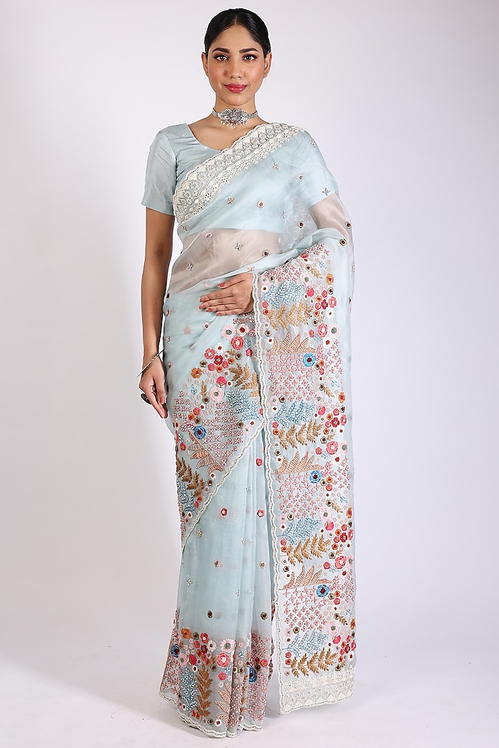 Aqua Embroidered Saree Set by Anira