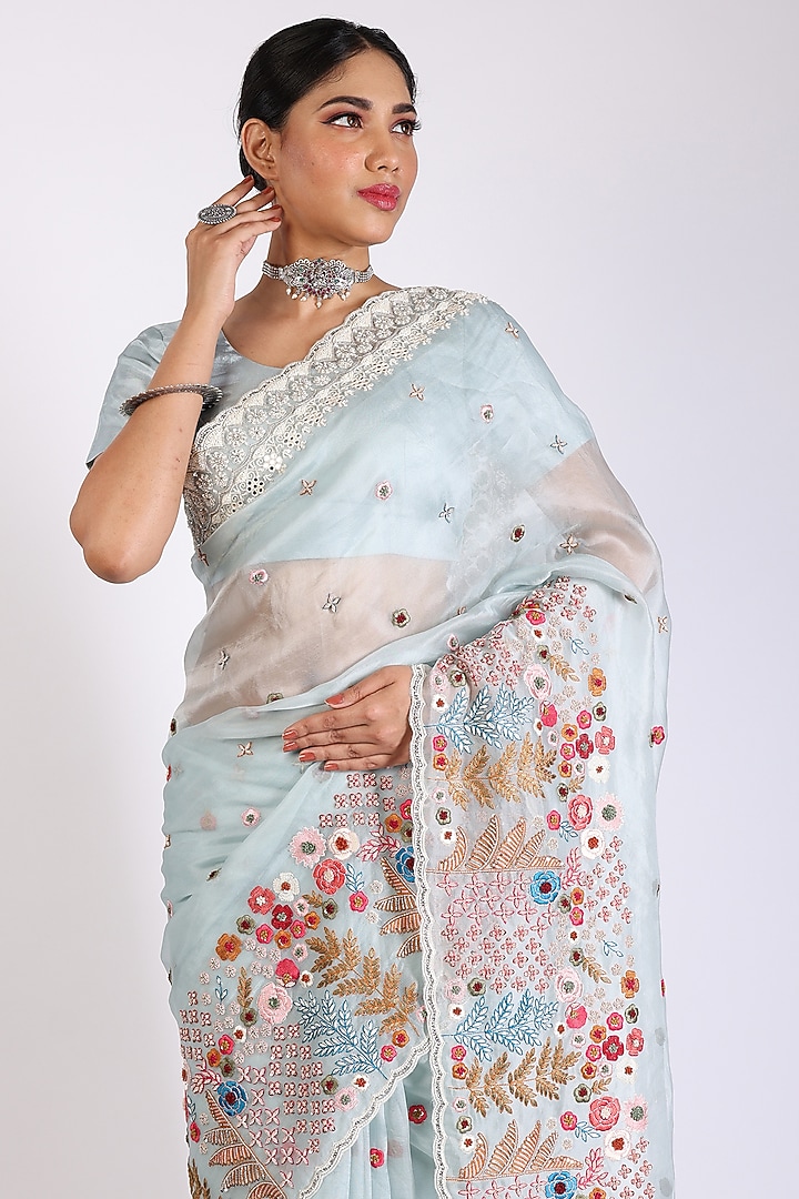 Aqua Embroidered Wedding Saree Set by Anira at Pernia's Pop Up Shop