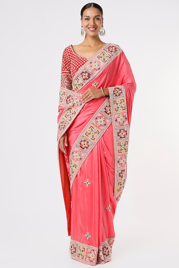 Gajri Pink Silk Embroidered Saree by Anira