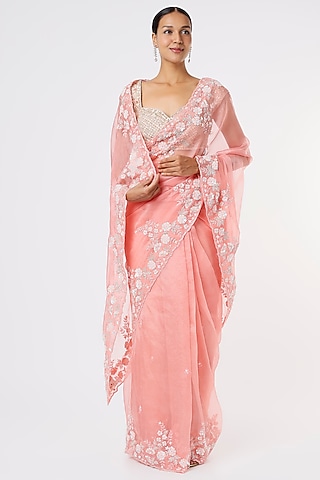 Peach Hand Embroidered Saree by Anira