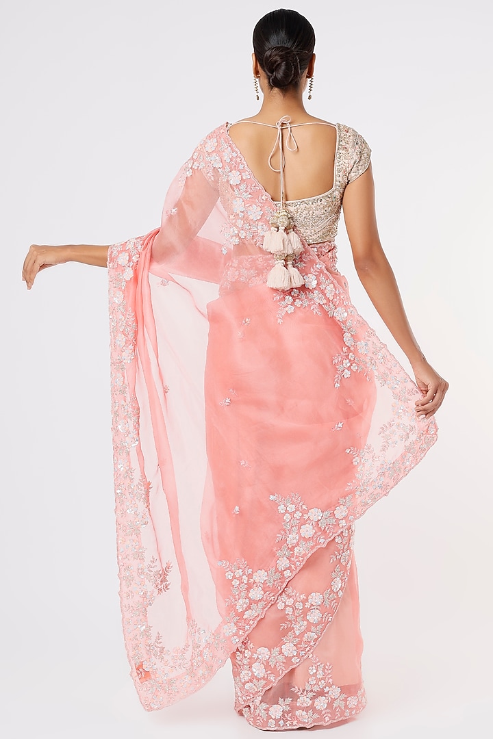 Peach Hand Embroidered Wedding Saree by Anira at Pernia's Pop Up Shop