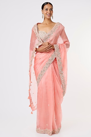 Peach Embroidered Saree by Anira