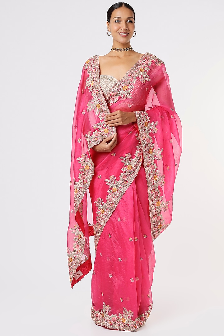 Fuchsia Pink Hand Embroidered Saree by Anira