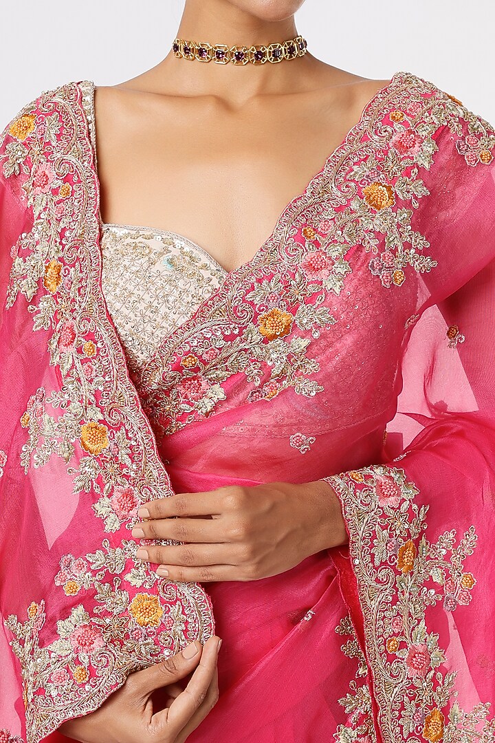 Fuchsia Pink Hand Embroidered Wedding Saree by Anira at Pernia's Pop Up Shop