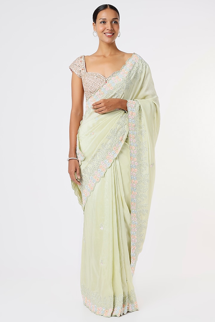 Lime Colored Embroidered Saree by Anira