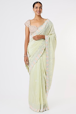 Lime Colored Embroidered Saree by Anira