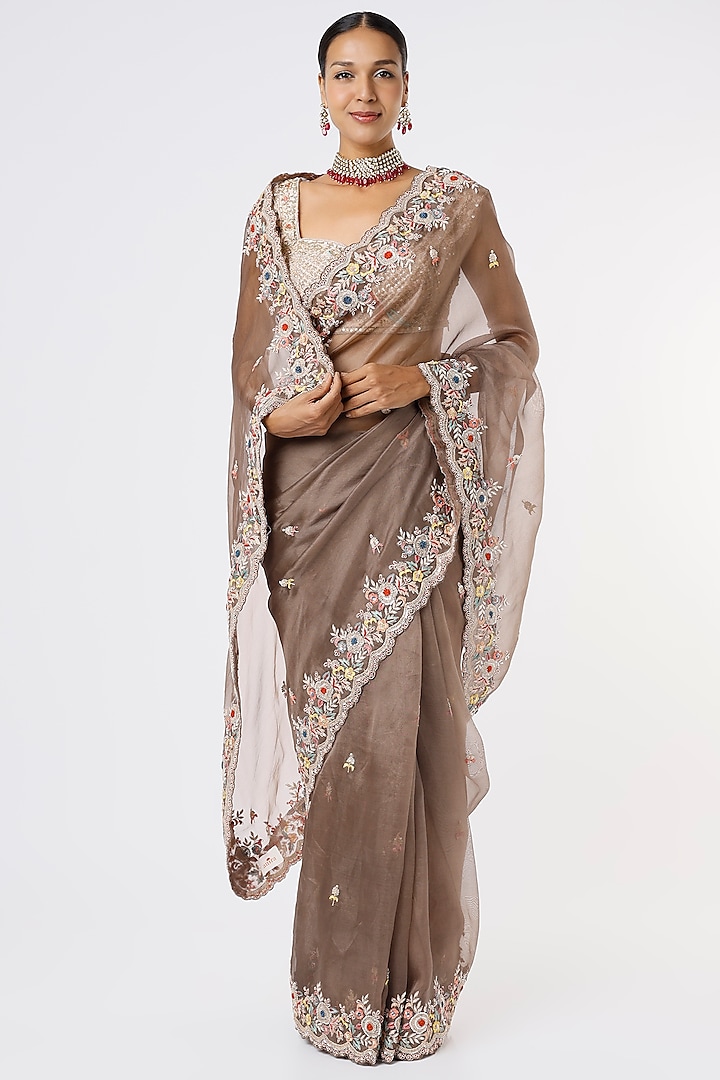 Brown Embroidered Saree by Anira