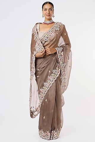 Brown Embroidered Saree by Anira
