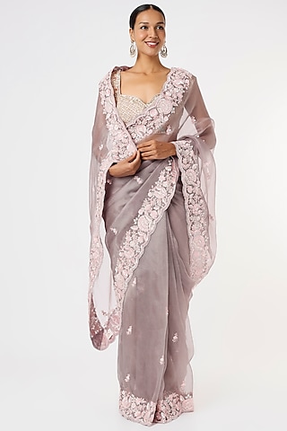 Light Grey Embroidered Saree by Anira
