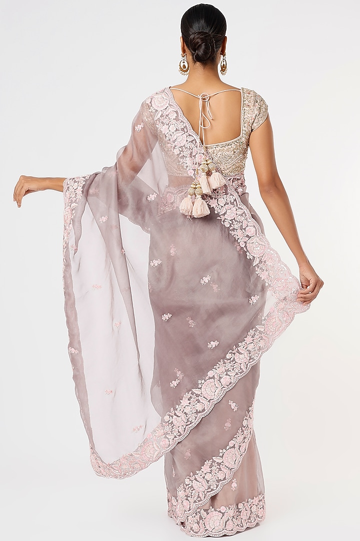 Light Grey Embroidered Wedding Saree by Anira at Pernia's Pop Up Shop