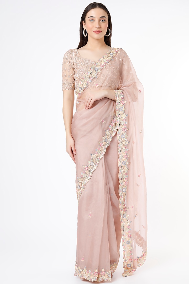 Light Brown Embroidered Saree by Anira at Pernia's Pop Up Shop