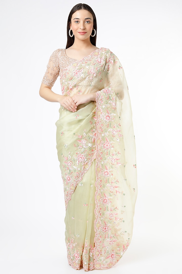 Lime Thread Embroidered Saree by Anira