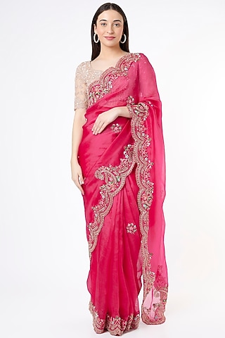 Fuchsia Pink Embroidered Saree by Anira