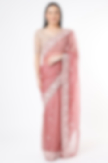 Earthy Coral Embroidered Saree by Anira