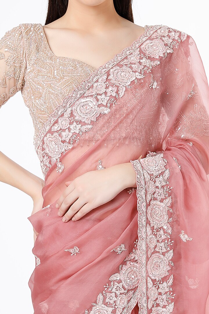 Earthy Coral Embroidered Wedding Saree by Anira at Pernia's Pop Up Shop