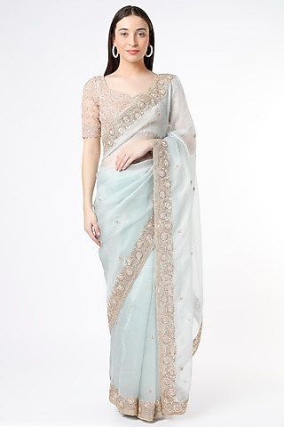 Aqua Blue Hand Embroidered Saree by Anira