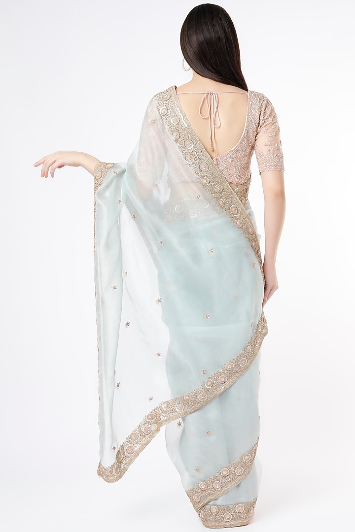 Aqua Blue Hand Embroidered Reception Saree by Anira at Pernia's Pop Up Shop