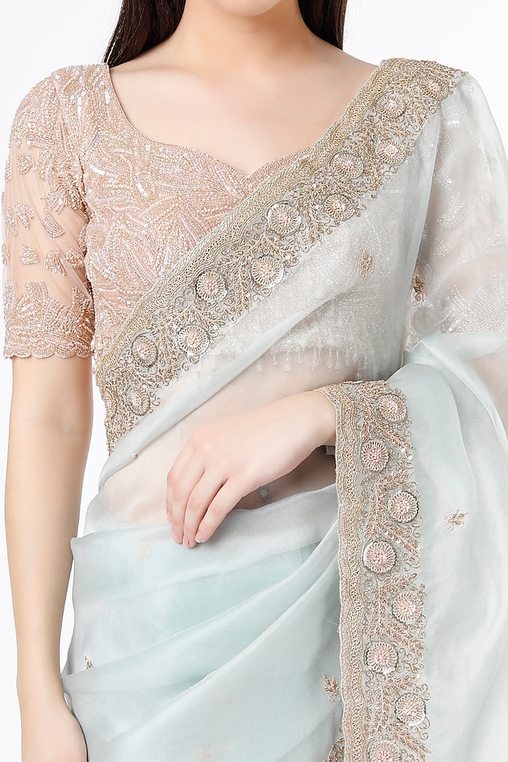 Aqua Blue Hand Embroidered Reception Saree by Anira at Pernia's Pop Up Shop