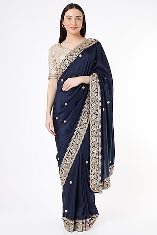 Midnight Blue Embroidered Saree by Anira