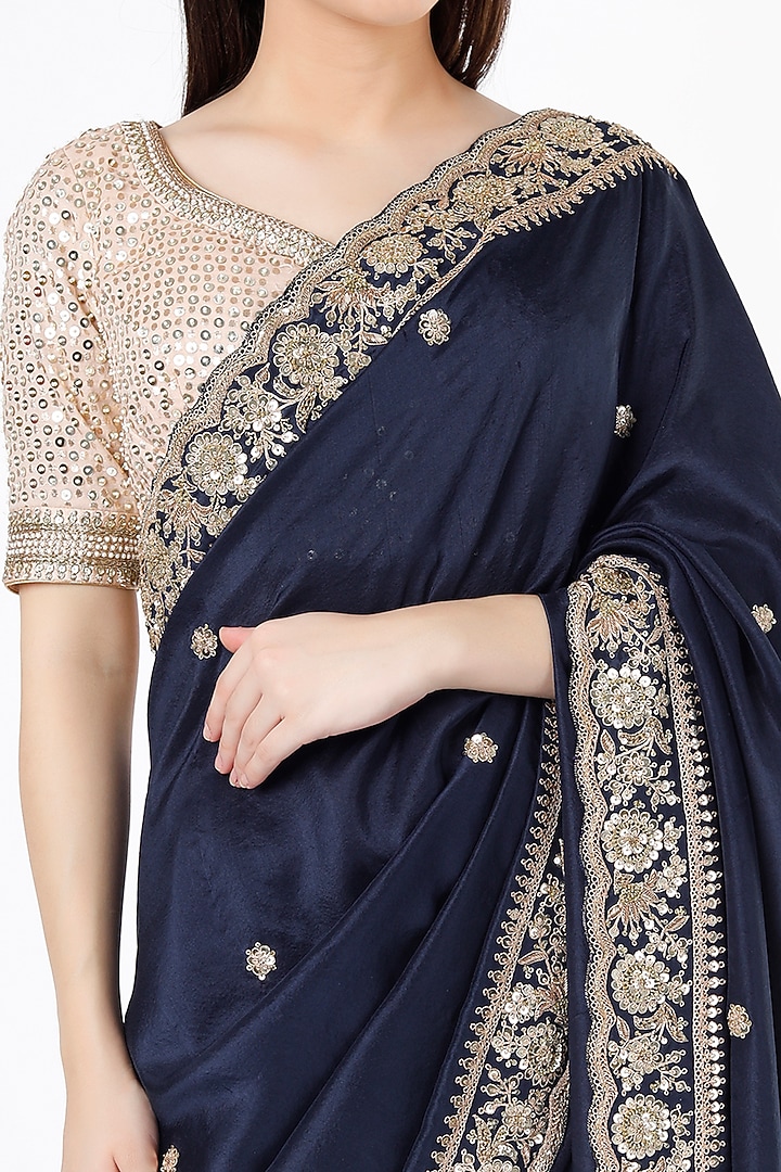 Midnight Blue Embroidered Reception Saree by Anira at Pernia's Pop Up Shop