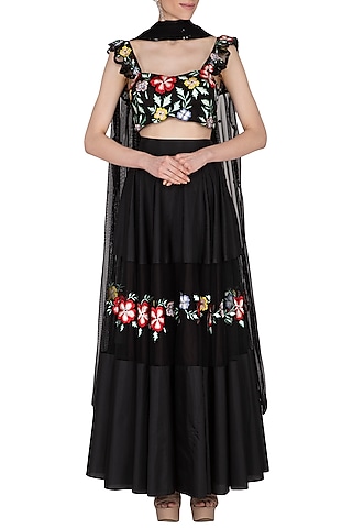 Black Embroidered Silk Lehenga Set by Ank By Amrit Kaur