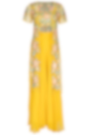 Yellow Embroidered Blouse With Palazzo Pants & Jacket by Ank By Amrit Kaur