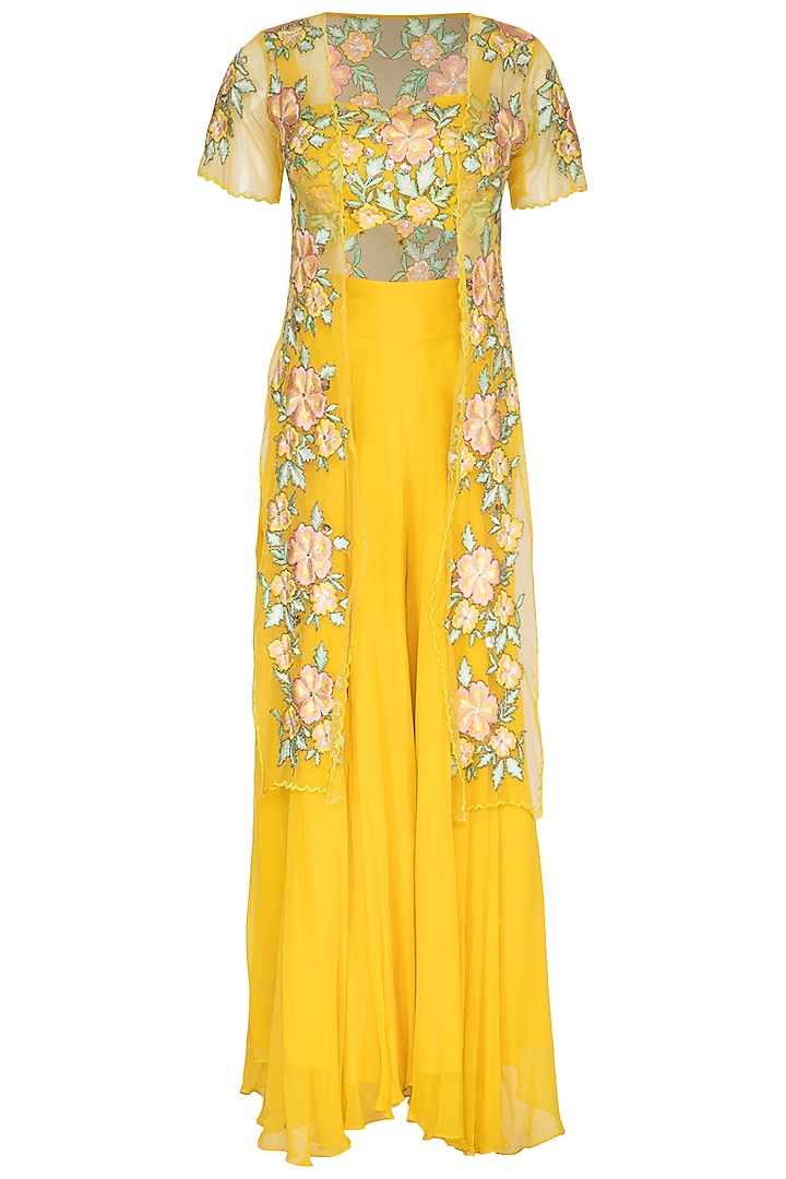 Yellow Embroidered Blouse With Palazzo Pants & Jacket by Ank By Amrit Kaur